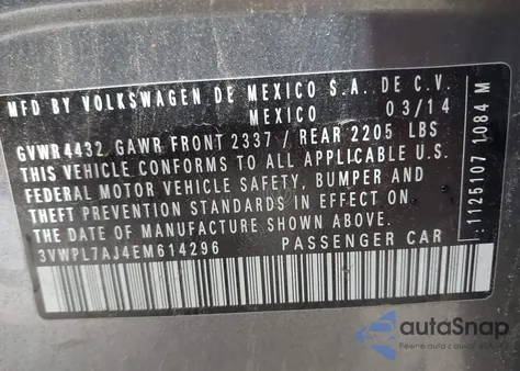 2014 Volkswagen Jetta Sportwagen 2.0L Tdi z USA, uszkodzony, nr VIN 3VWPL7AJ4EM614296